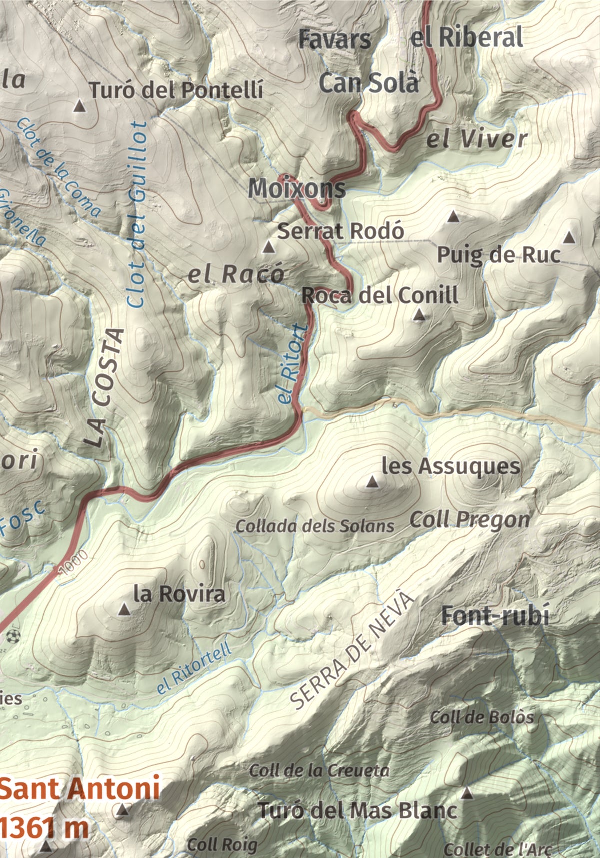 Mapa de relieve de Sant Antoni, 1361 m, Ripollès, lámina 100 Cims de Trobart. Detalle de la zona superior derecha. 21 × 30 cm.