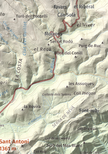 Mapa de relieve de Sant Antoni, 1361 m, Ripollès, lámina 100 Cims de Trobart. Detalle de la zona superior derecha. 21 × 30 cm.
