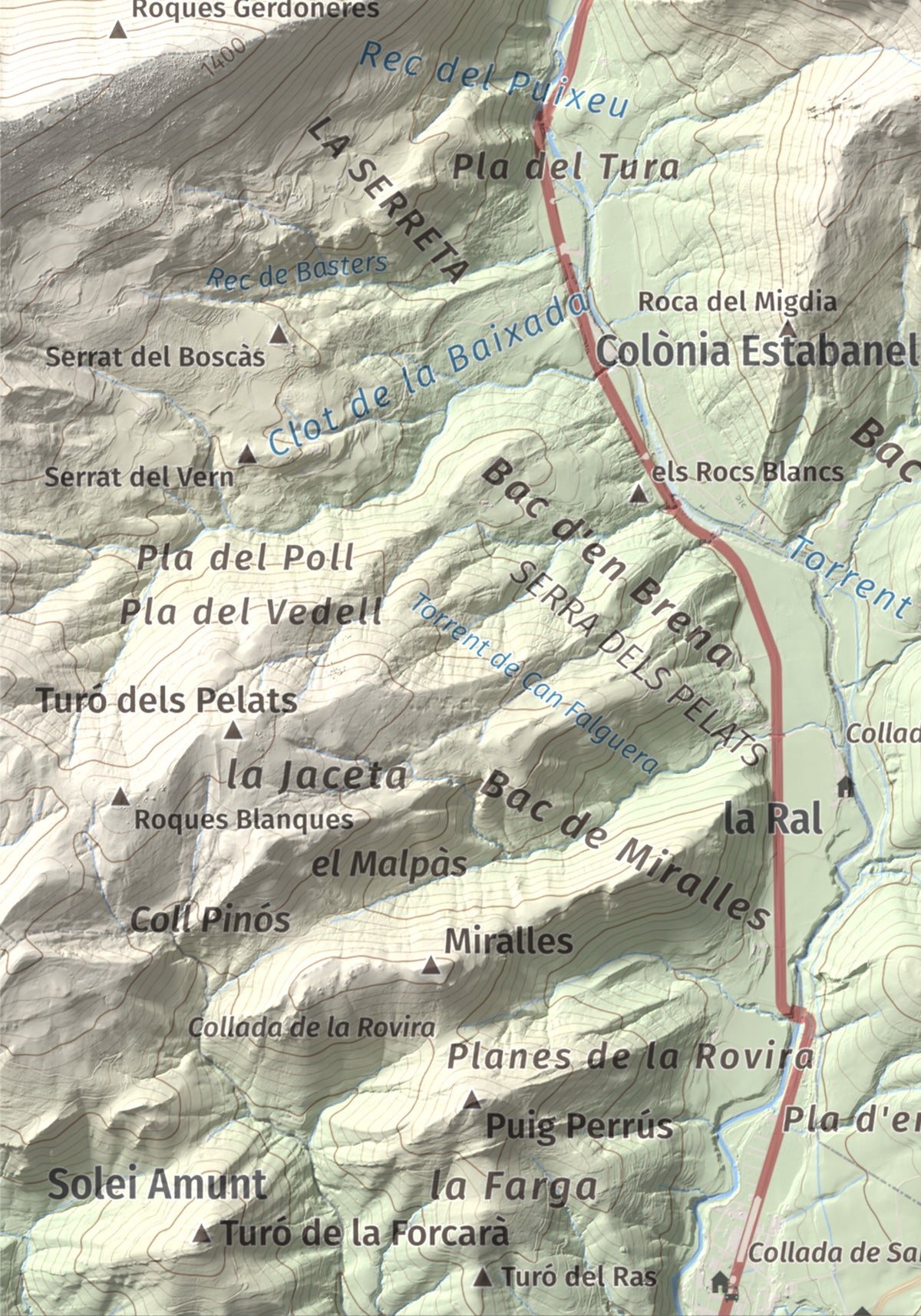 Mapa de relieve de Sant Antoni, 1361 m, Ripollès, lámina 100 Cims de Trobart. Detalle de la zona inferior izquierda. 21 × 30 cm.