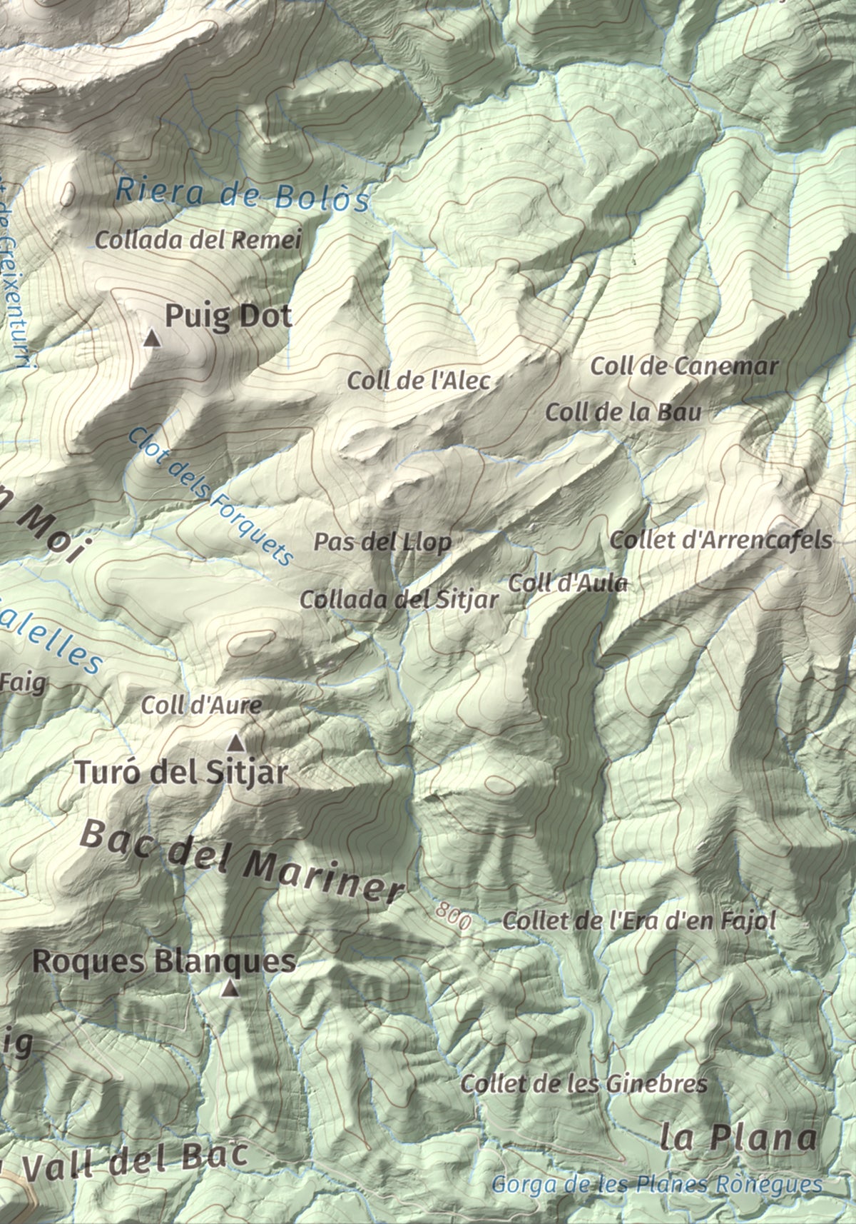 Mapa de relieve de Sant Antoni, 1361 m, Ripollès, lámina 100 Cims de Trobart. Detalle de la zona inferior derecha. 21 × 30 cm.