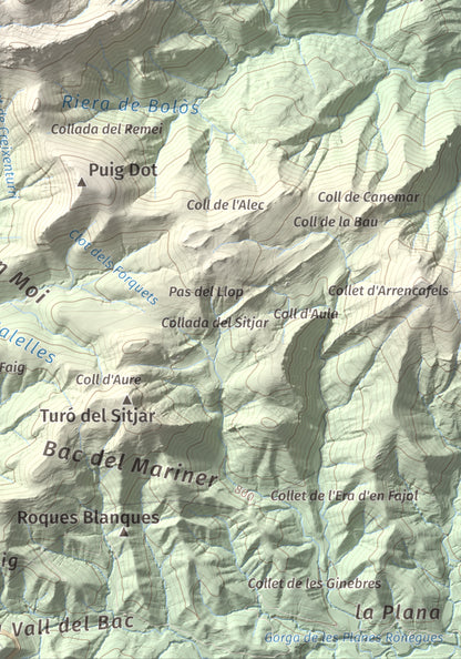Mapa de relieve de Sant Antoni, 1361 m, Ripollès, lámina 100 Cims de Trobart. Detalle de la zona inferior derecha. 21 × 30 cm.