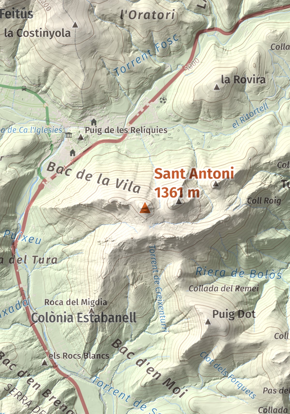 Mapa de relieve de Sant Antoni, 1361 m, Ripollès, lámina 100 Cims de Trobart. Detalle de la zona central. 21 × 30 cm.