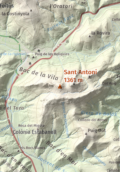 Mapa de relieve de Sant Antoni, 1361 m, Ripollès, lámina 100 Cims de Trobart. Detalle de la zona central. 21 × 30 cm.