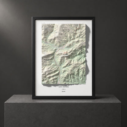 Mapa de relieve de Sant Antoni, 1361 m, Ripollès, lámina 100 Cims de Trobart. Presentación enmarcada. 30 × 40 cm.
