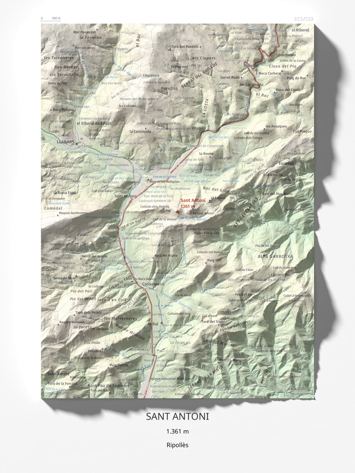 Mapa de relieve de Sant Antoni, 1361 m, Ripollès, lámina 100 Cims de Trobart 30 × 40 cm.