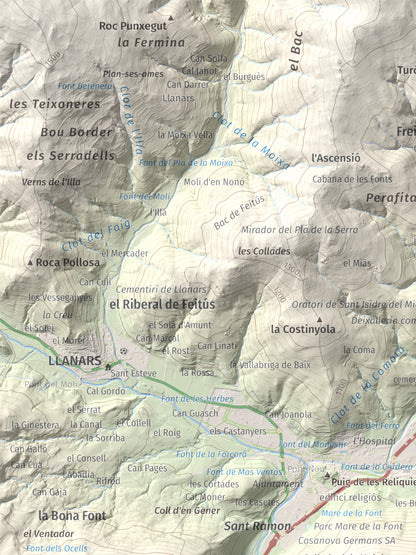 Mapa de relieve de Sant Antoni, 1361 m, Ripollès, lámina 100 Cims de Trobart. Detalle de la zona superior izquierda. 30 × 40 cm.