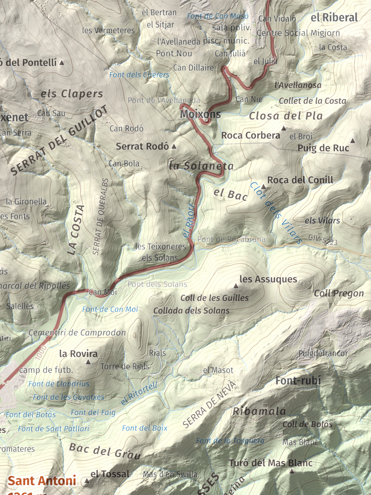 Mapa de relieve de Sant Antoni, 1361 m, Ripollès, lámina 100 Cims de Trobart. Detalle de la zona superior derecha. 30 × 40 cm.