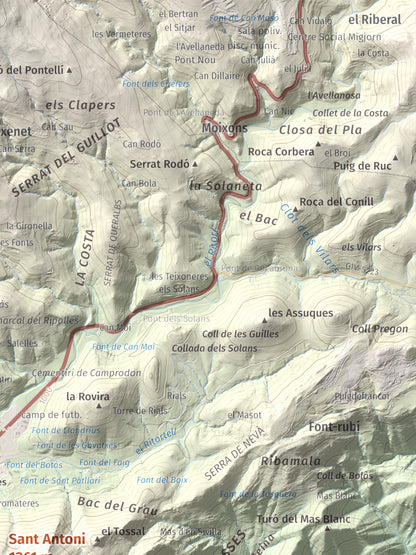 Mapa de relieve de Sant Antoni, 1361 m, Ripollès, lámina 100 Cims de Trobart. Detalle de la zona superior derecha. 30 × 40 cm.