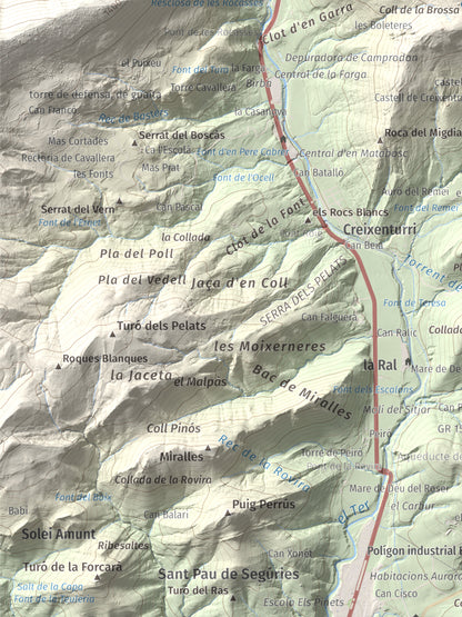 Mapa de relieve de Sant Antoni, 1361 m, Ripollès, lámina 100 Cims de Trobart. Detalle de la zona inferior izquierda. 30 × 40 cm.