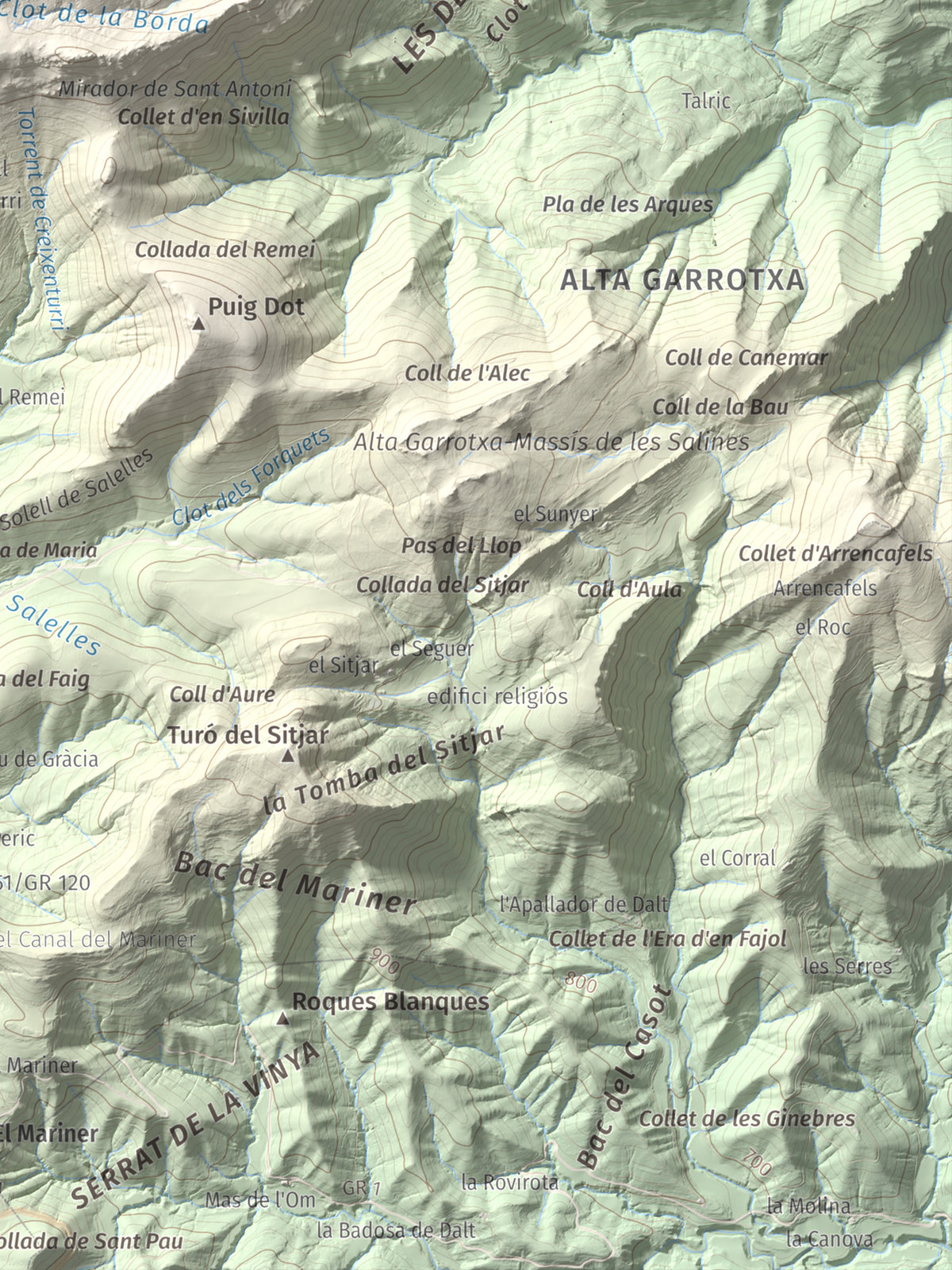 Mapa de relieve de Sant Antoni, 1361 m, Ripollès, lámina 100 Cims de Trobart. Detalle de la zona inferior derecha. 30 × 40 cm.