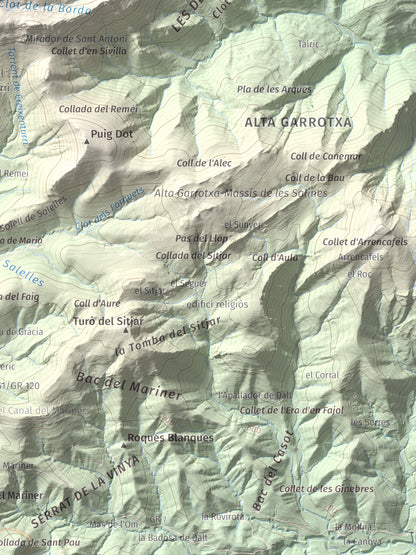 Mapa de relieve de Sant Antoni, 1361 m, Ripollès, lámina 100 Cims de Trobart. Detalle de la zona inferior derecha. 30 × 40 cm.