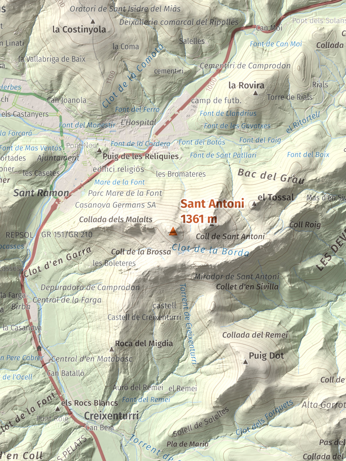 Mapa de relieve de Sant Antoni, 1361 m, Ripollès, lámina 100 Cims de Trobart. Detalle de la zona central. 30 × 40 cm.