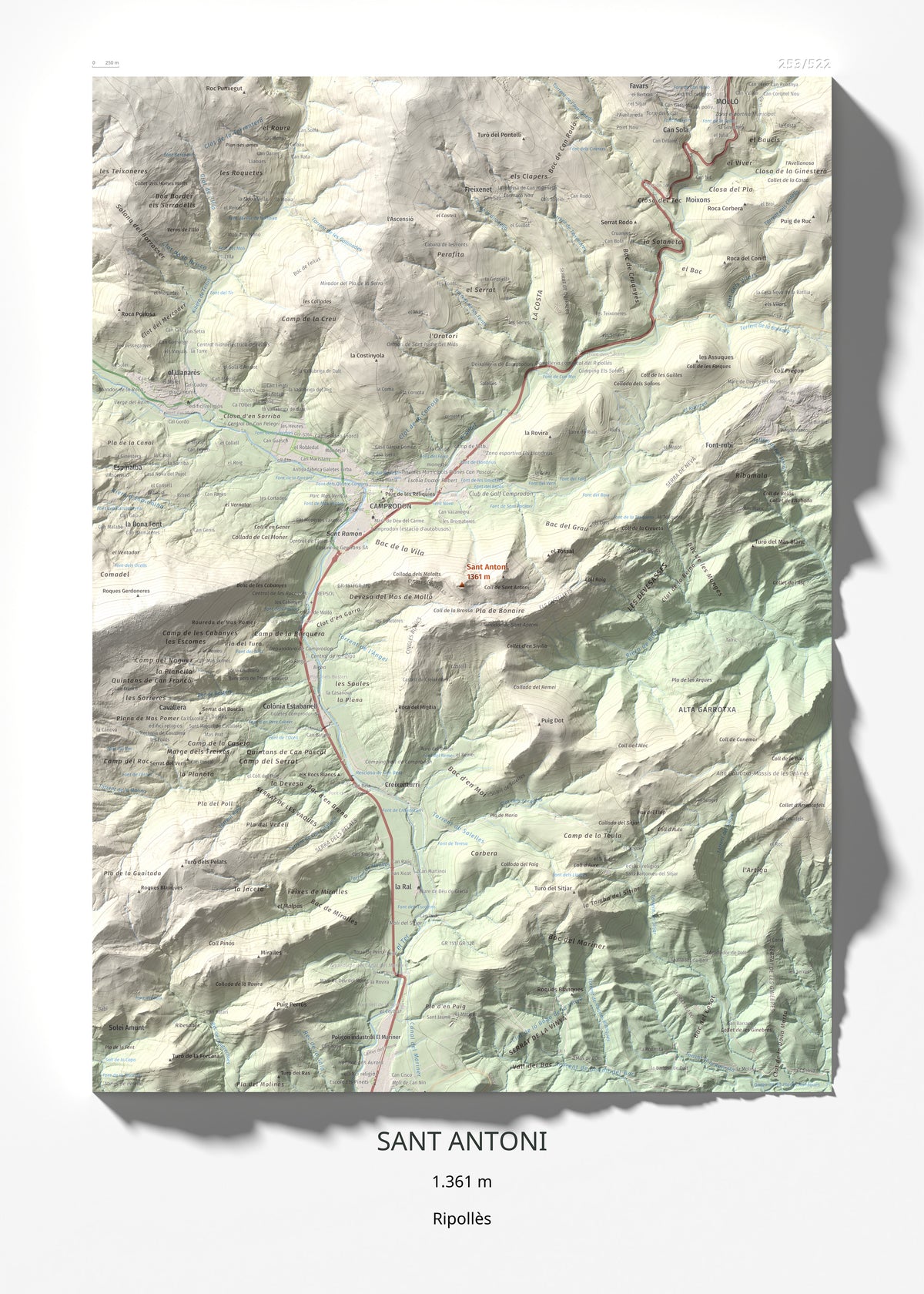 Mapa de relieve de Sant Antoni, 1361 m, Ripollès, lámina 100 Cims de Trobart 50 × 70 cm.