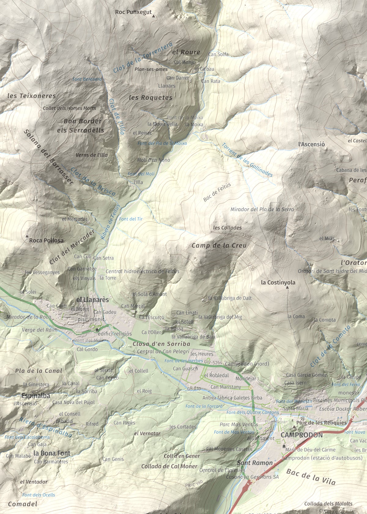Mapa de relieve de Sant Antoni, 1361 m, Ripollès, lámina 100 Cims de Trobart. Detalle de la zona superior izquierda. 50 × 70 cm.