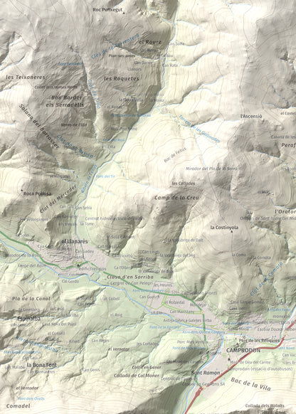 Mapa de relieve de Sant Antoni, 1361 m, Ripollès, lámina 100 Cims de Trobart. Detalle de la zona superior izquierda. 50 × 70 cm.