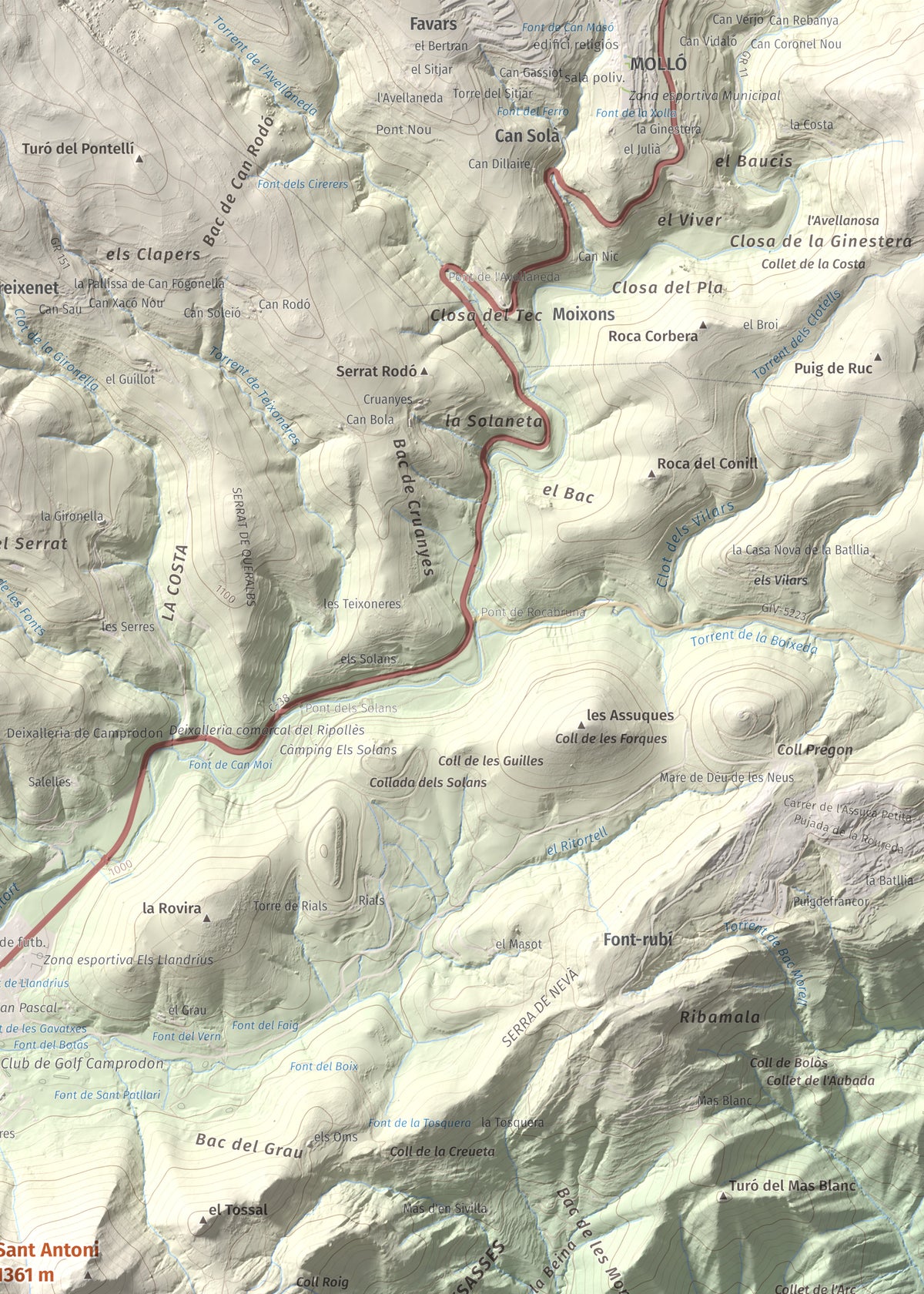 Mapa de relieve de Sant Antoni, 1361 m, Ripollès, lámina 100 Cims de Trobart. Detalle de la zona superior derecha. 50 × 70 cm.