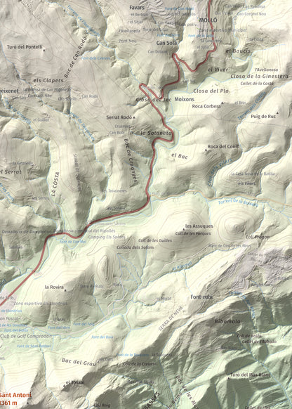 Mapa de relieve de Sant Antoni, 1361 m, Ripollès, lámina 100 Cims de Trobart. Detalle de la zona superior derecha. 50 × 70 cm.