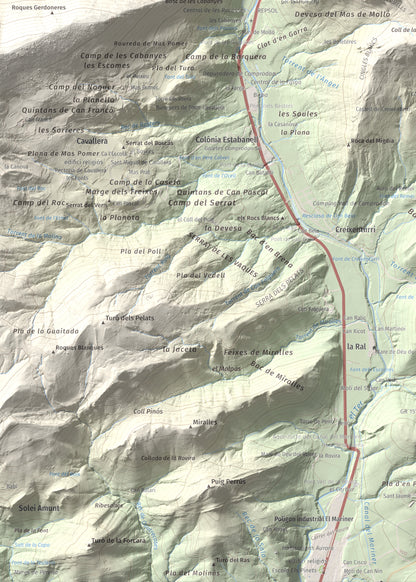 Mapa de relieve de Sant Antoni, 1361 m, Ripollès, lámina 100 Cims de Trobart. Detalle de la zona inferior izquierda. 50 × 70 cm.