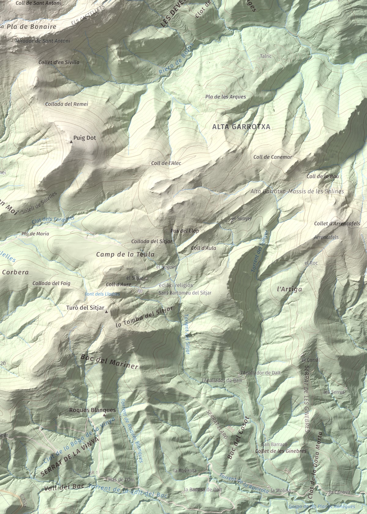 Mapa de relieve de Sant Antoni, 1361 m, Ripollès, lámina 100 Cims de Trobart. Detalle de la zona inferior derecha. 50 × 70 cm.