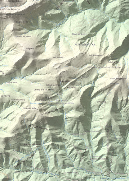 Mapa de relieve de Sant Antoni, 1361 m, Ripollès, lámina 100 Cims de Trobart. Detalle de la zona inferior derecha. 50 × 70 cm.
