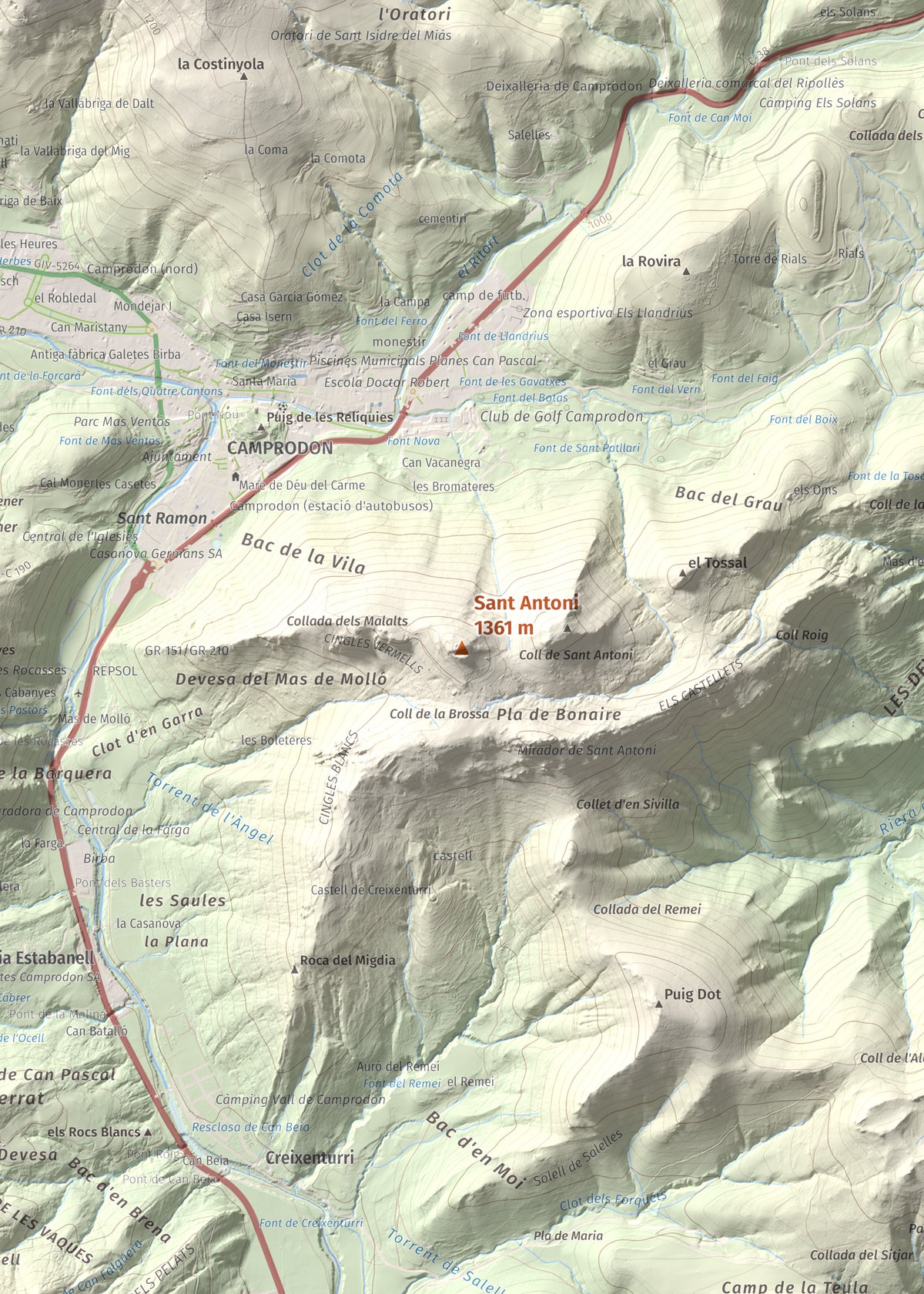 Mapa de relieve de Sant Antoni, 1361 m, Ripollès, lámina 100 Cims de Trobart. Detalle de la zona central. 50 × 70 cm.