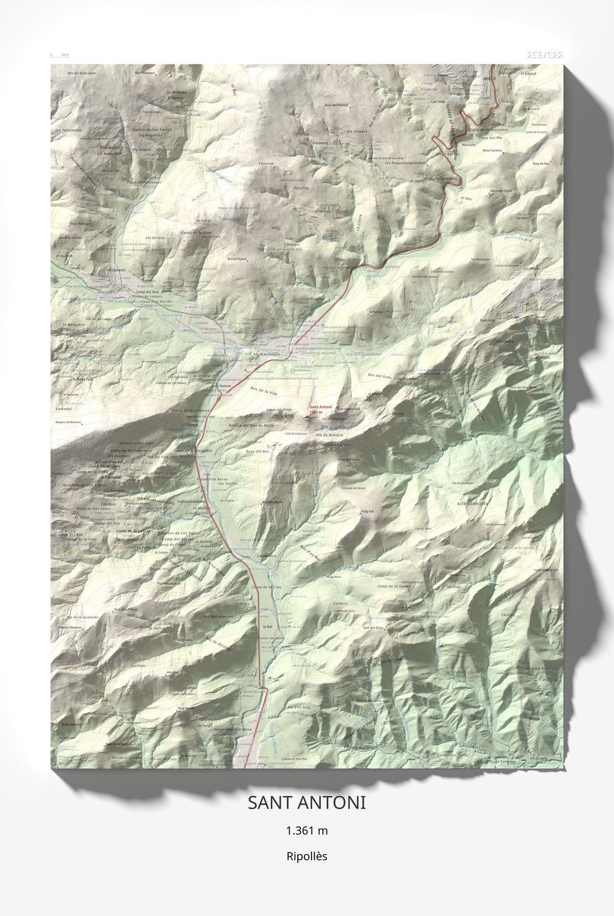 Mapa de relieve de Sant Antoni, 1361 m, Ripollès, lámina 100 Cims de Trobart 61 × 91 cm.
