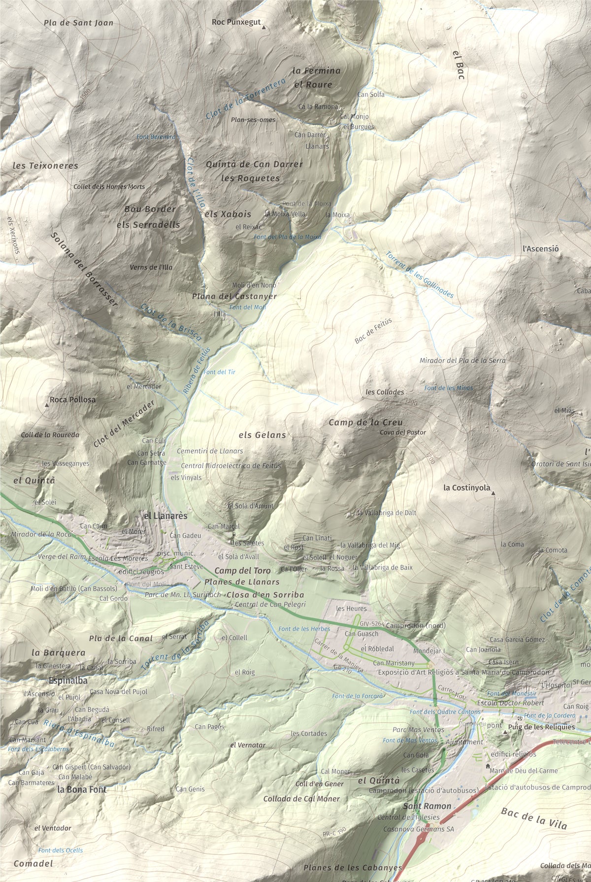 Mapa de relieve de Sant Antoni, 1361 m, Ripollès, lámina 100 Cims de Trobart. Detalle de la zona superior izquierda. 61 × 91 cm.