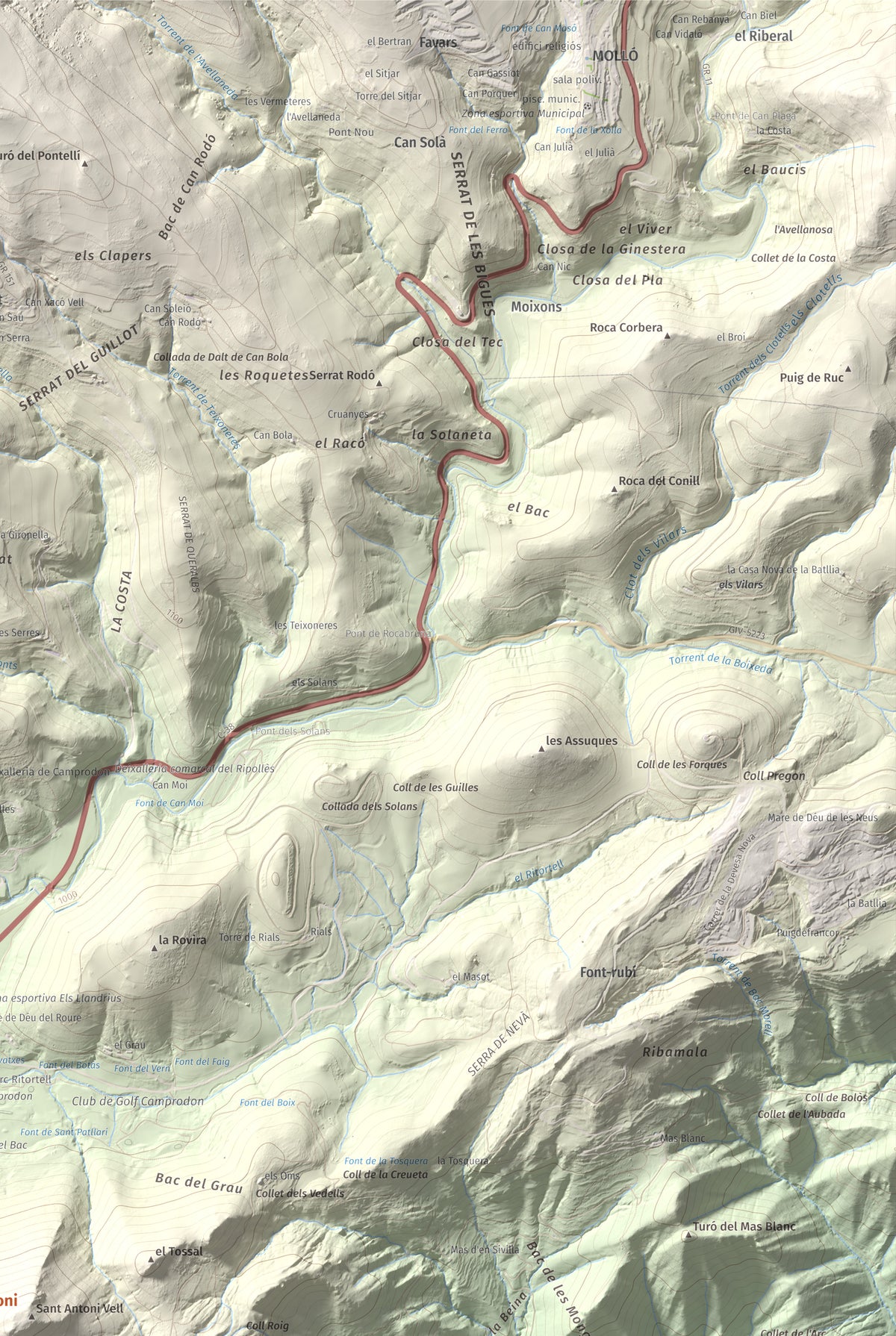 Mapa de relieve de Sant Antoni, 1361 m, Ripollès, lámina 100 Cims de Trobart. Detalle de la zona superior derecha. 61 × 91 cm.