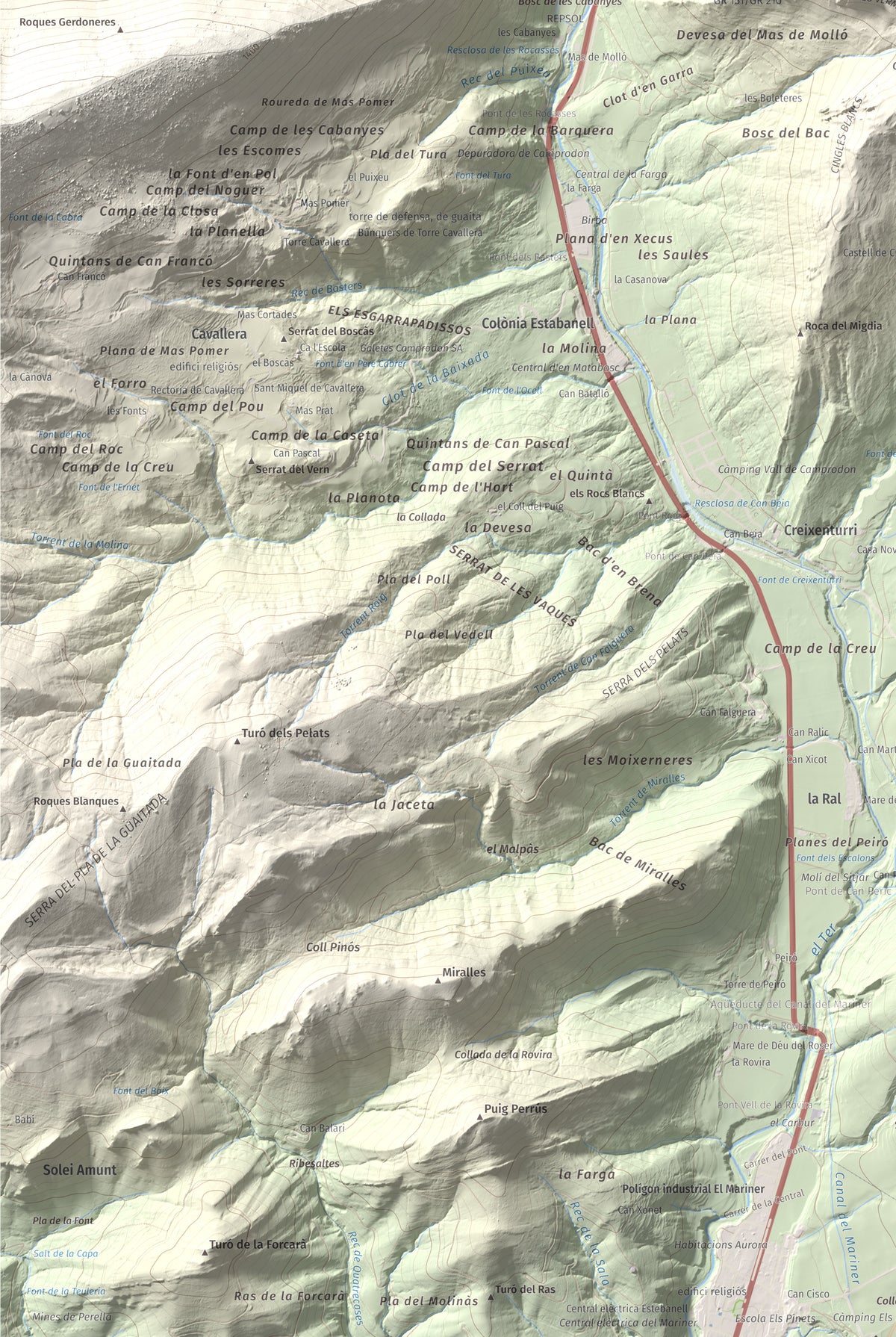 Mapa de relieve de Sant Antoni, 1361 m, Ripollès, lámina 100 Cims de Trobart. Detalle de la zona inferior izquierda. 61 × 91 cm.