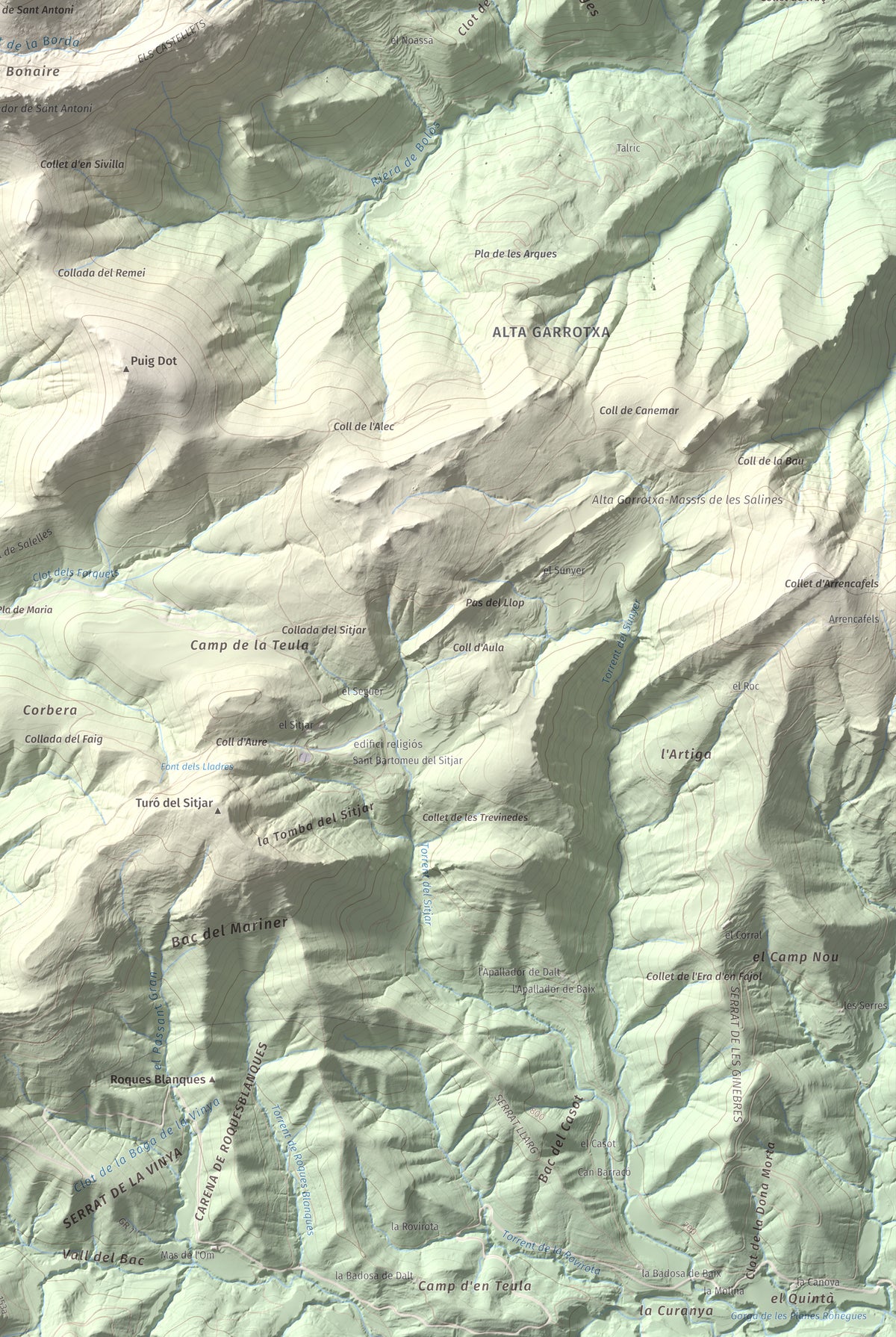 Mapa de relieve de Sant Antoni, 1361 m, Ripollès, lámina 100 Cims de Trobart. Detalle de la zona inferior derecha. 61 × 91 cm.