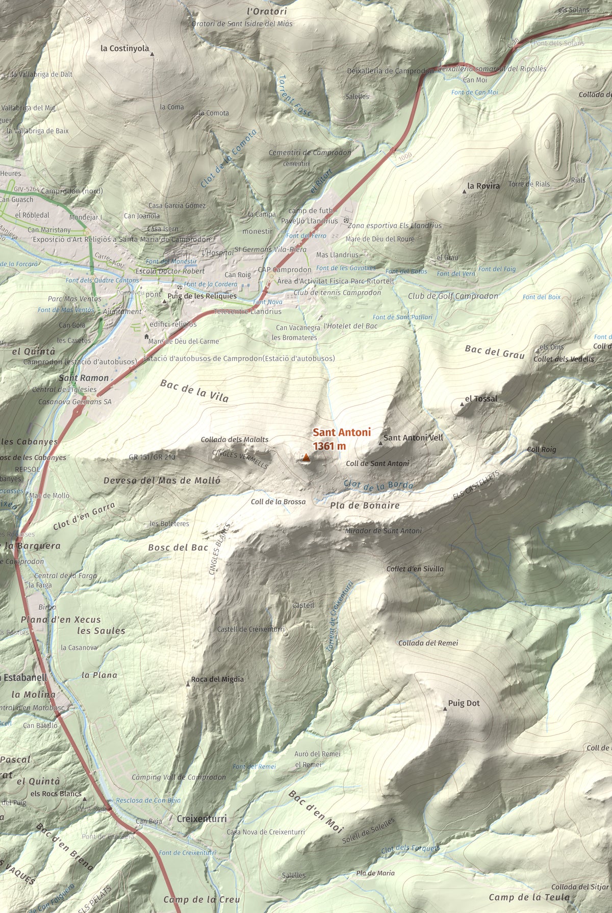 Mapa de relieve de Sant Antoni, 1361 m, Ripollès, lámina 100 Cims de Trobart. Detalle de la zona central. 61 × 91 cm.