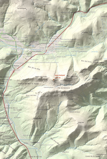 Mapa de relieve de Sant Antoni, 1361 m, Ripollès, lámina 100 Cims de Trobart. Detalle de la zona central. 61 × 91 cm.