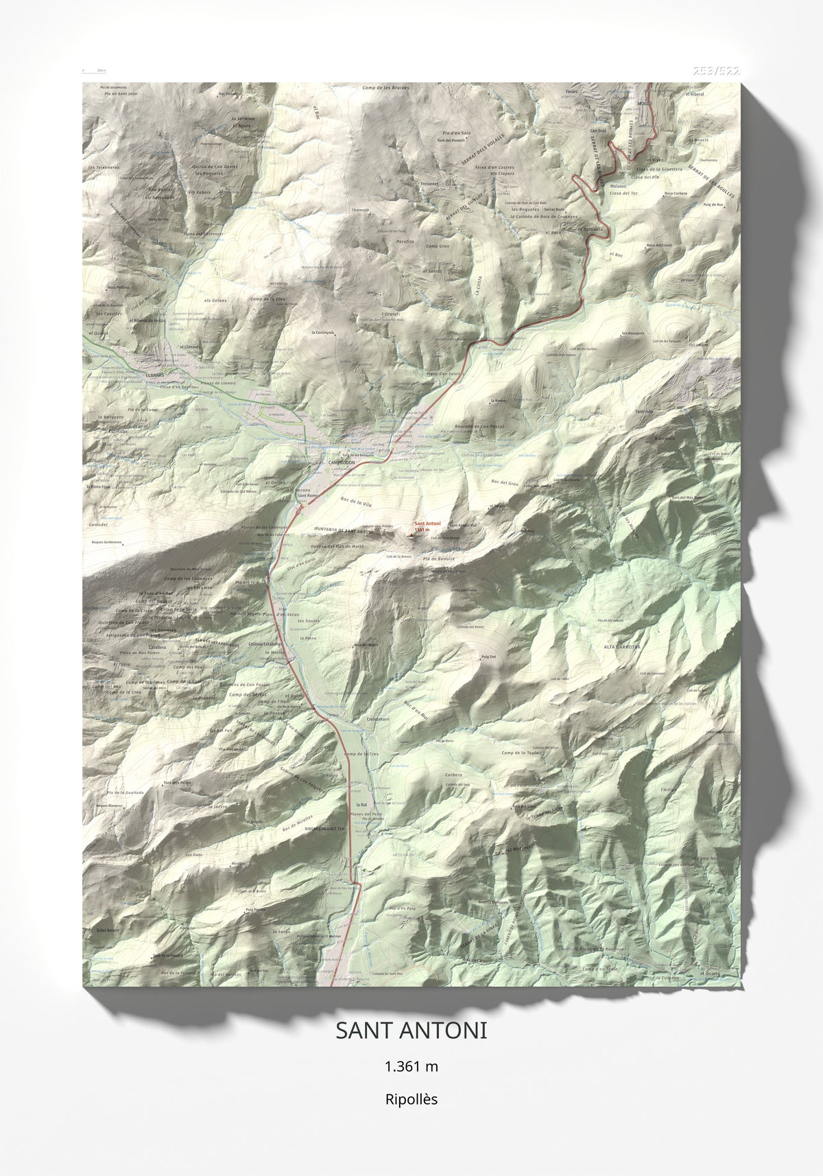 Mapa de relieve de Sant Antoni, 1361 m, Ripollès, lámina 100 Cims de Trobart 70 × 100 cm.