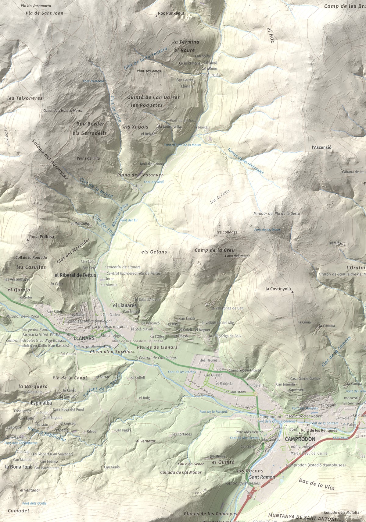 Mapa de relieve de Sant Antoni, 1361 m, Ripollès, lámina 100 Cims de Trobart. Detalle de la zona superior izquierda. 70 × 100 cm.