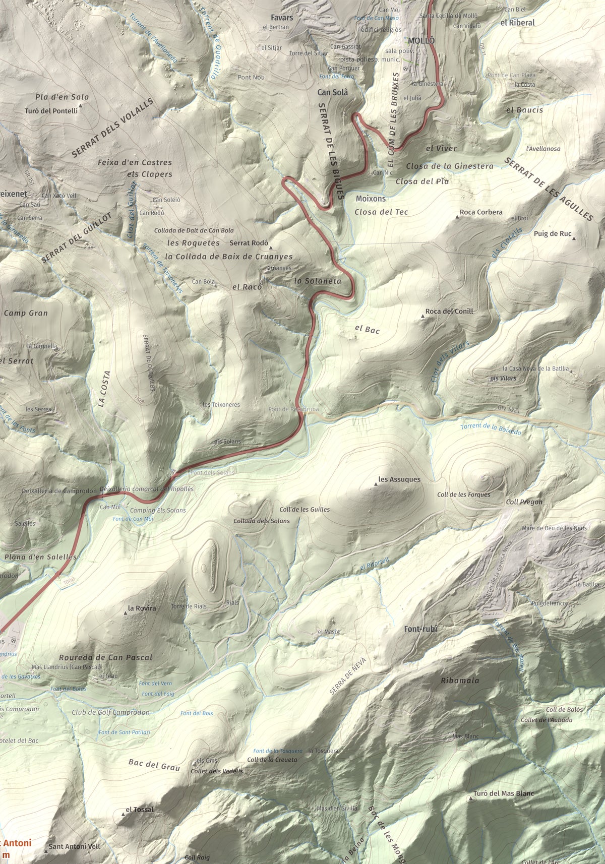 Mapa de relieve de Sant Antoni, 1361 m, Ripollès, lámina 100 Cims de Trobart. Detalle de la zona superior derecha. 70 × 100 cm.