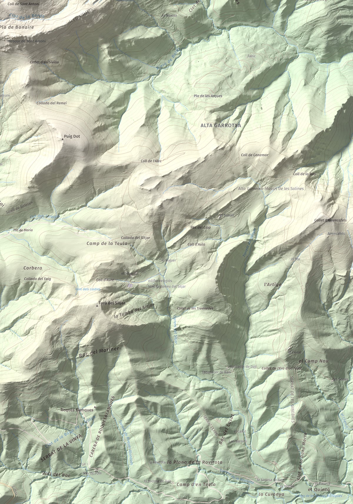 Mapa de relieve de Sant Antoni, 1361 m, Ripollès, lámina 100 Cims de Trobart. Detalle de la zona inferior derecha. 70 × 100 cm.