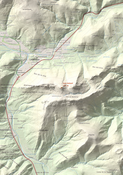 Mapa de relieve de Sant Antoni, 1361 m, Ripollès, lámina 100 Cims de Trobart. Detalle de la zona central. 70 × 100 cm.