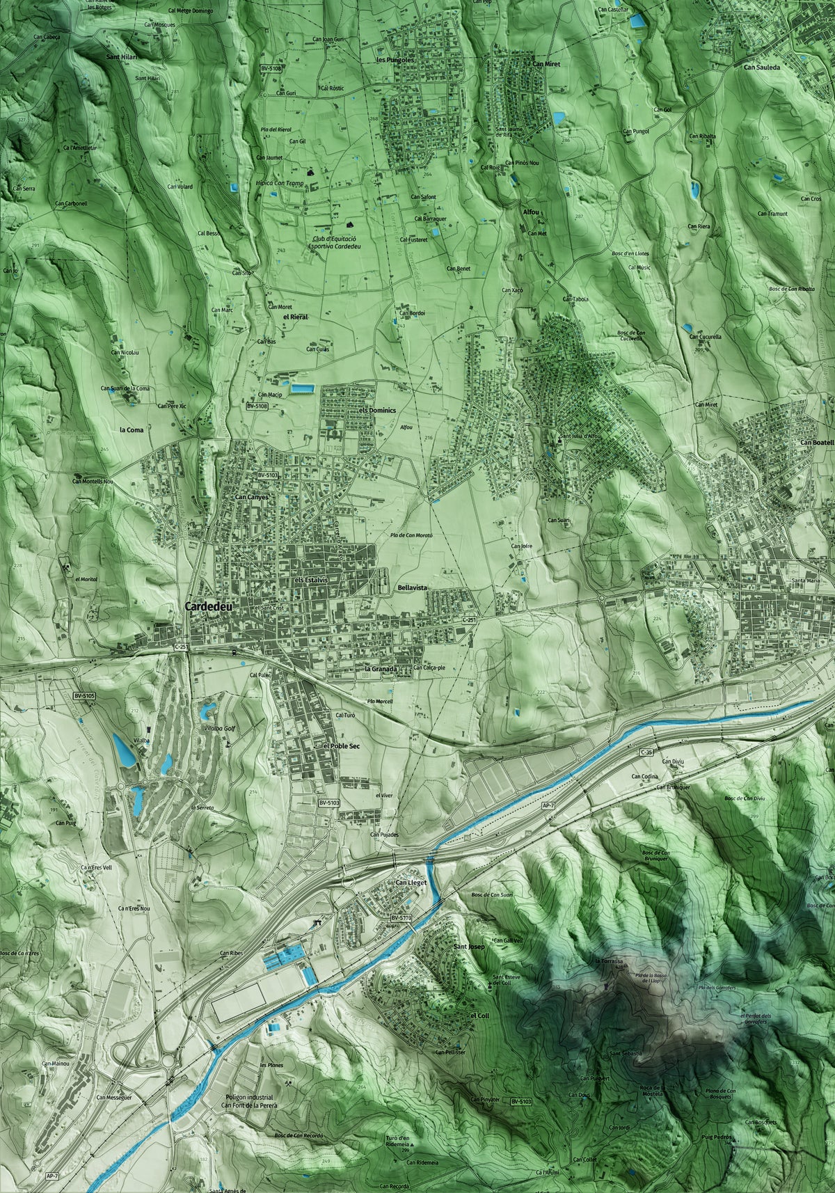 Mapa artístico del relieve de Sant Antoni de Vilamajor, al Vallès Oriental, con 15 km de entorno y base topográfica ICGC. Detalle de la zona inferior izquierda.