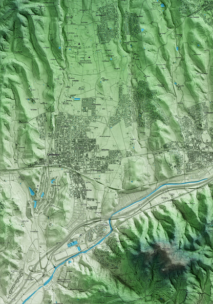 Mapa artístico del relieve de Sant Antoni de Vilamajor, al Vallès Oriental, con 15 km de entorno y base topográfica ICGC. Detalle de la zona inferior izquierda.