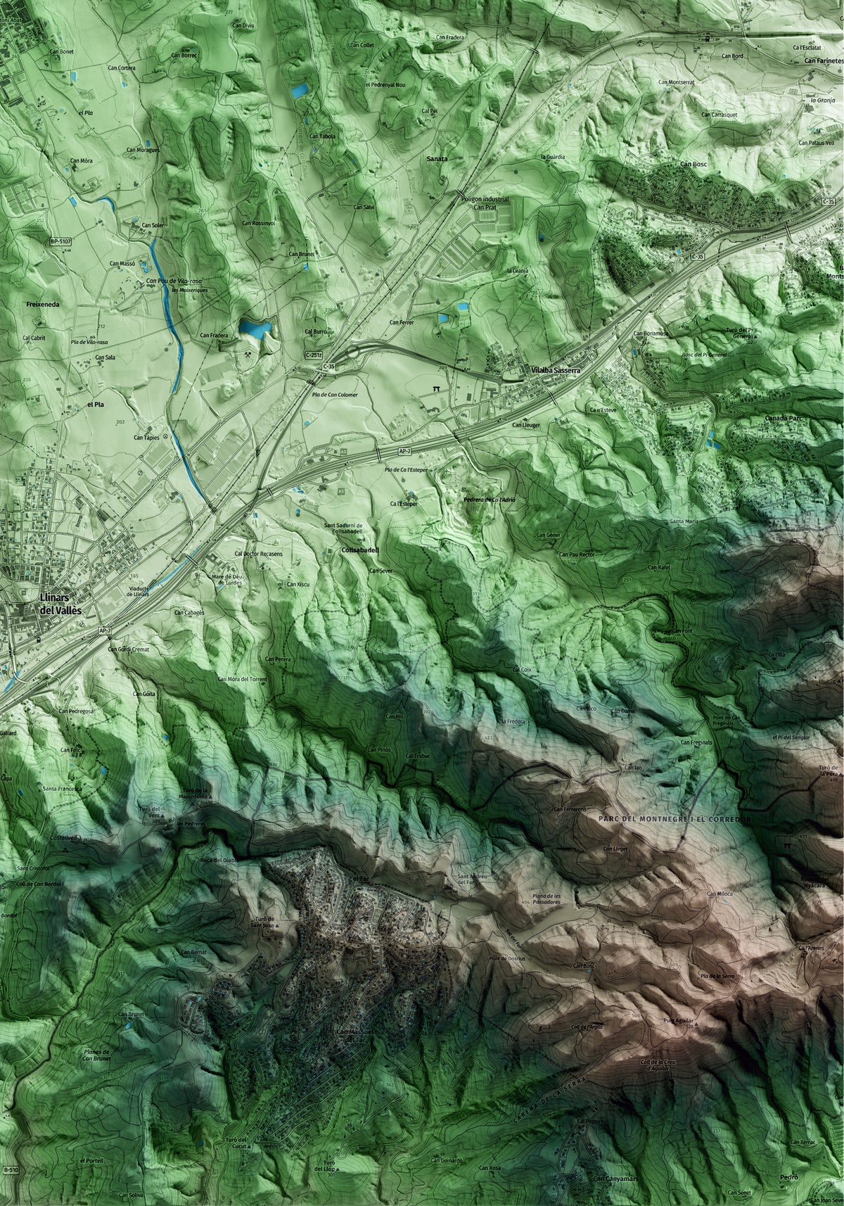 Mapa artístico del relieve de Sant Antoni de Vilamajor, al Vallès Oriental, con 15 km de entorno y base topográfica ICGC. Detalle de la zona inferior derecha.