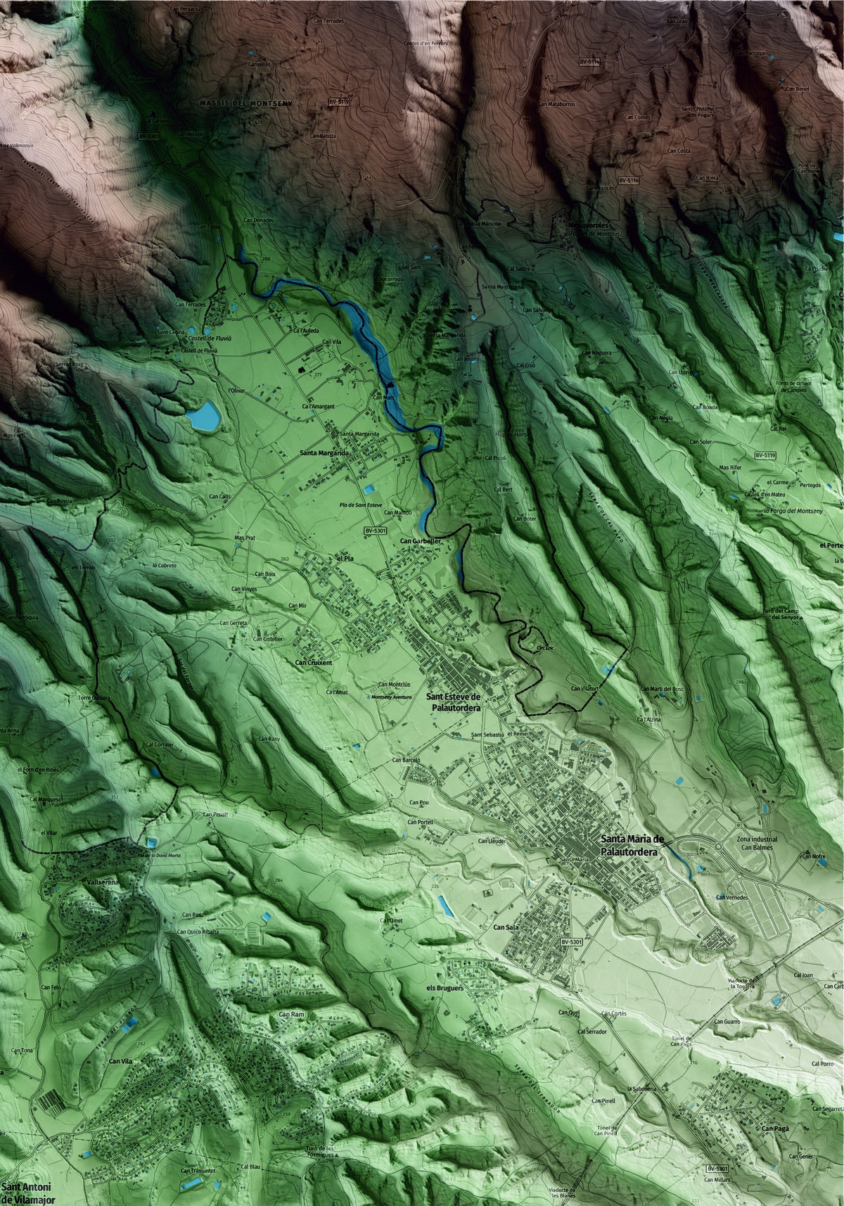 Mapa artístico del relieve de Sant Antoni de Vilamajor, al Vallès Oriental, con 15 km de entorno y base topográfica ICGC. Detalle de la zona superior derecha.