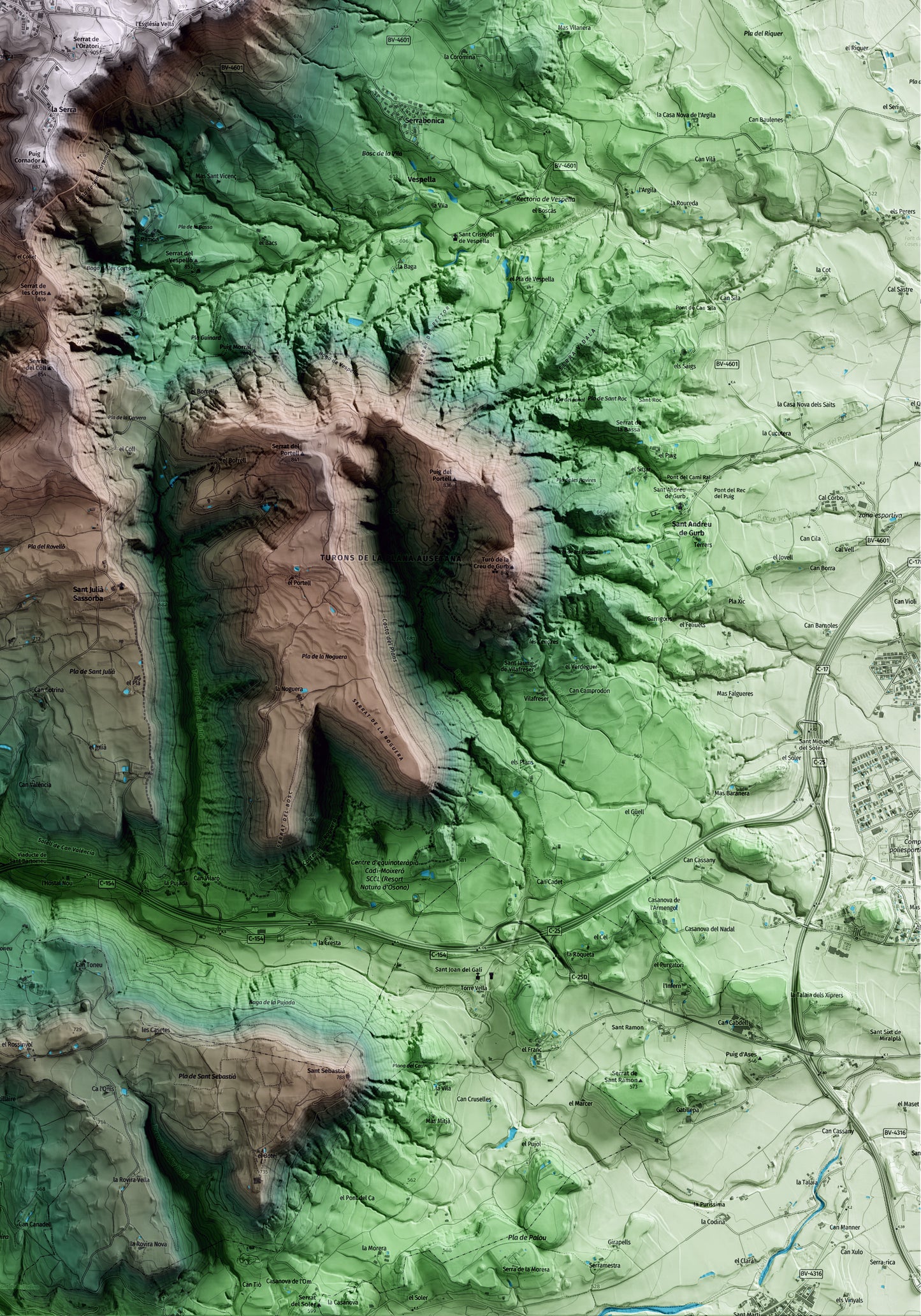 Mapa artístico del relieve de Sant Bartomeu del Grau, a Osona, con 15 km de entorno y base topográfica ICGC. Detalle de la zona inferior derecha.