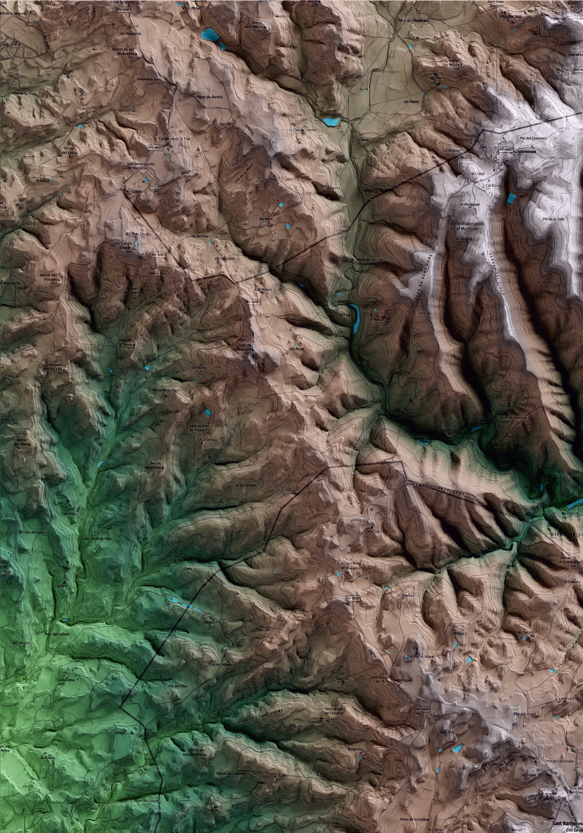 Mapa artístico del relieve de Sant Bartomeu del Grau, a Osona, con 15 km de entorno y base topográfica ICGC. Detalle de la zona superior izquierda.