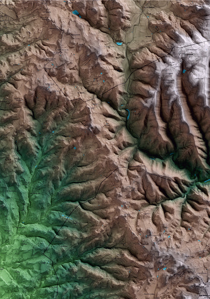 Mapa artístico del relieve de Sant Bartomeu del Grau, a Osona, con 15 km de entorno y base topográfica ICGC. Detalle de la zona superior izquierda.