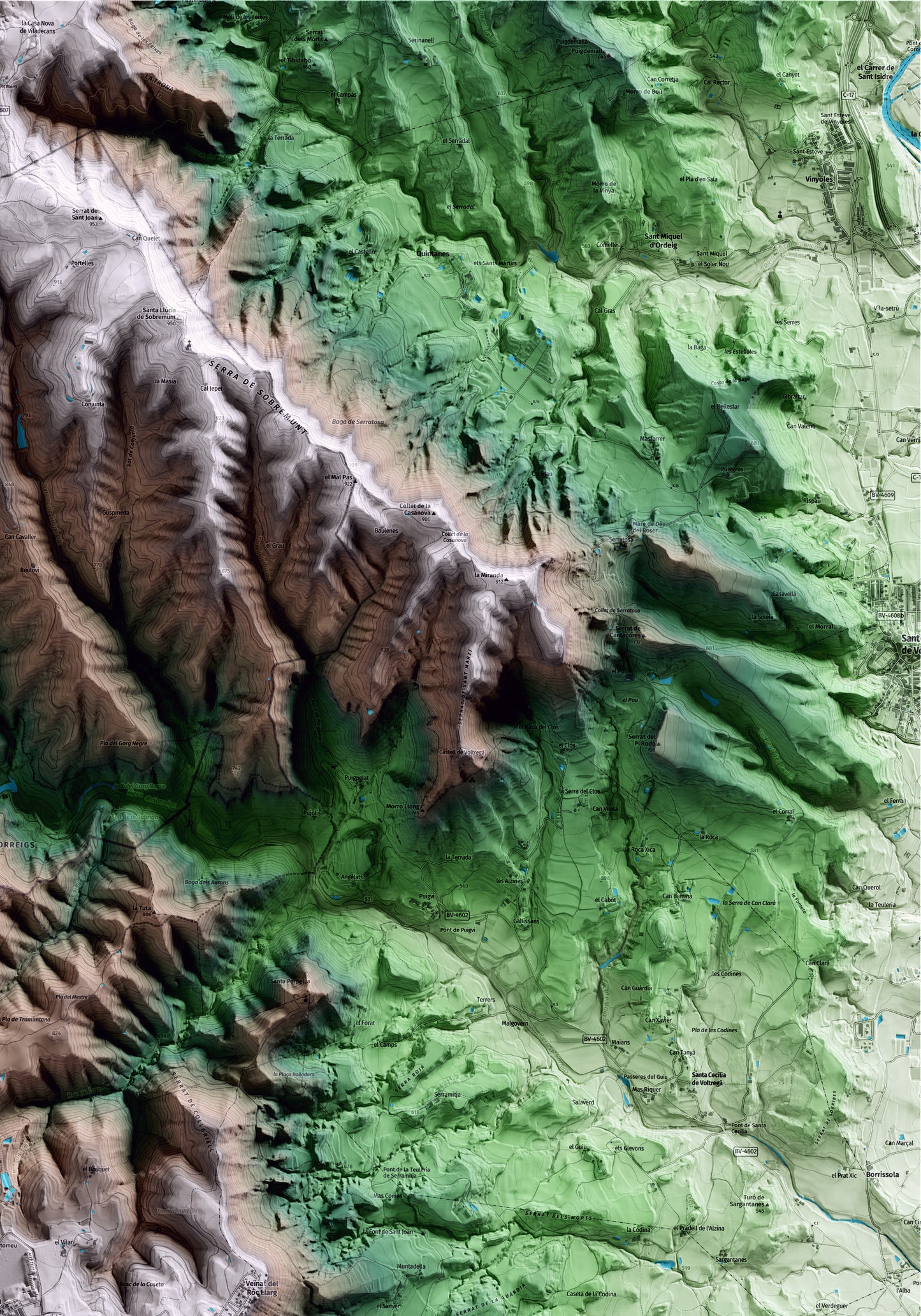 Mapa artístico del relieve de Sant Bartomeu del Grau, a Osona, con 15 km de entorno y base topográfica ICGC. Detalle de la zona superior derecha.
