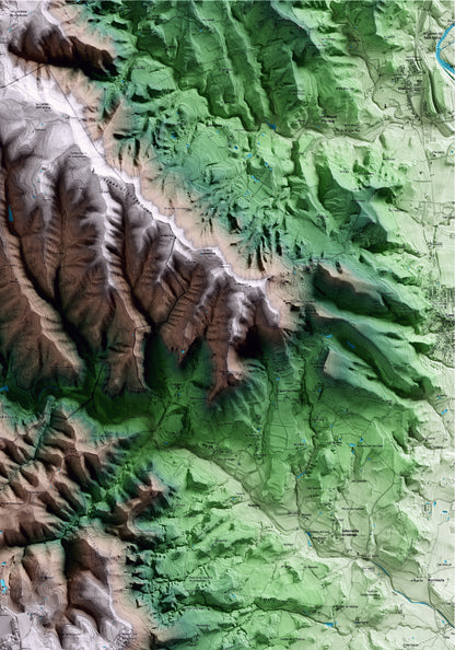 Mapa artístico del relieve de Sant Bartomeu del Grau, a Osona, con 15 km de entorno y base topográfica ICGC. Detalle de la zona superior derecha.