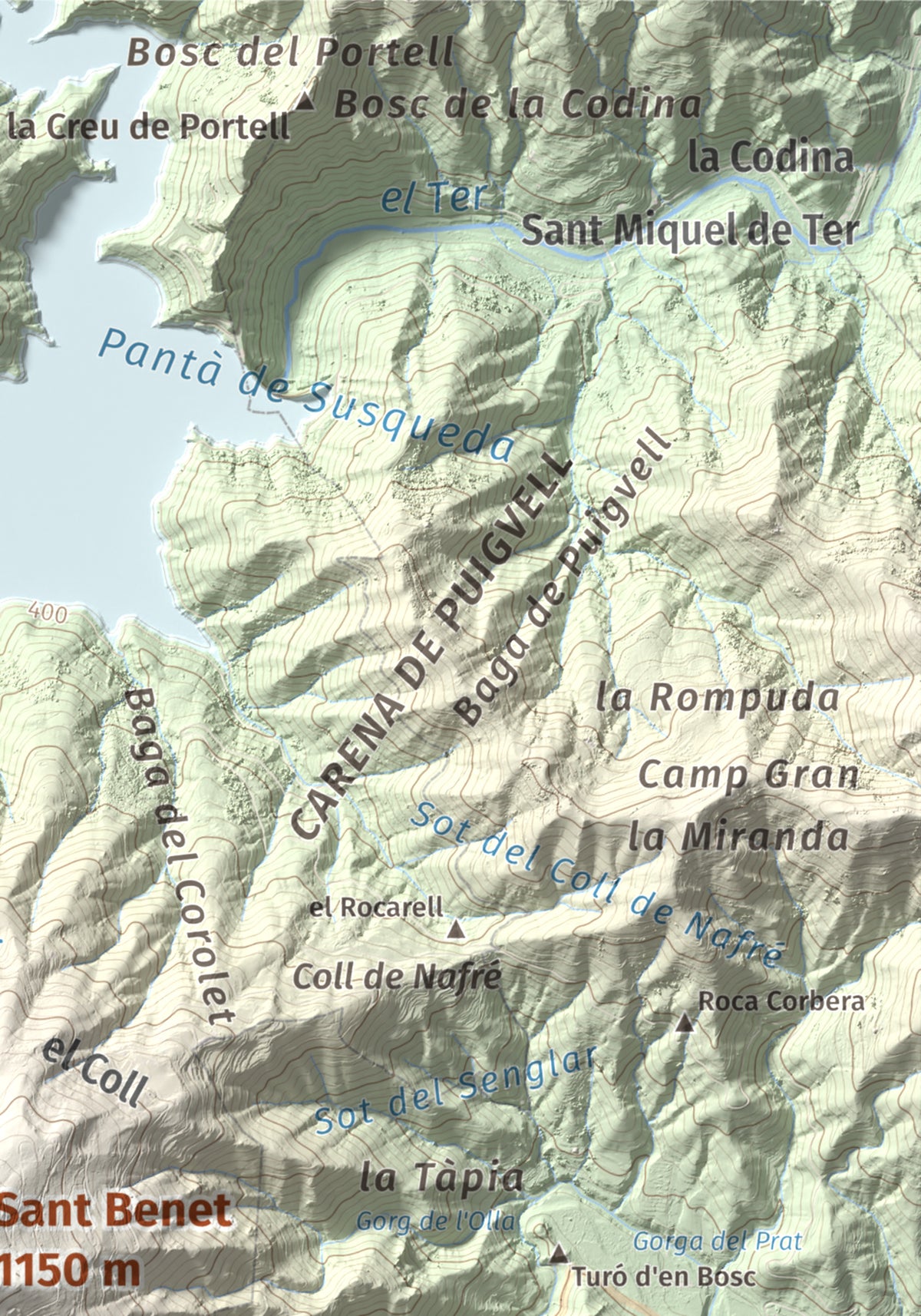 Mapa de relieve de Sant Benet, 1150 m, Selva, lámina 100 Cims de Trobart. Detalle de la zona superior derecha. 21 × 30 cm.