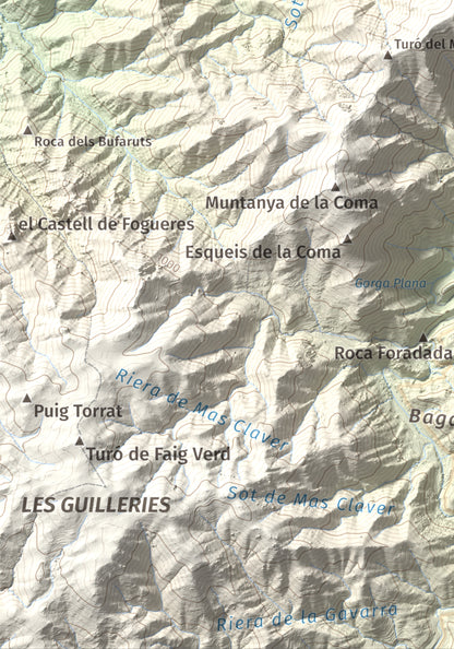 Mapa de relieve de Sant Benet, 1150 m, Selva, lámina 100 Cims de Trobart. Detalle de la zona inferior izquierda. 21 × 30 cm.