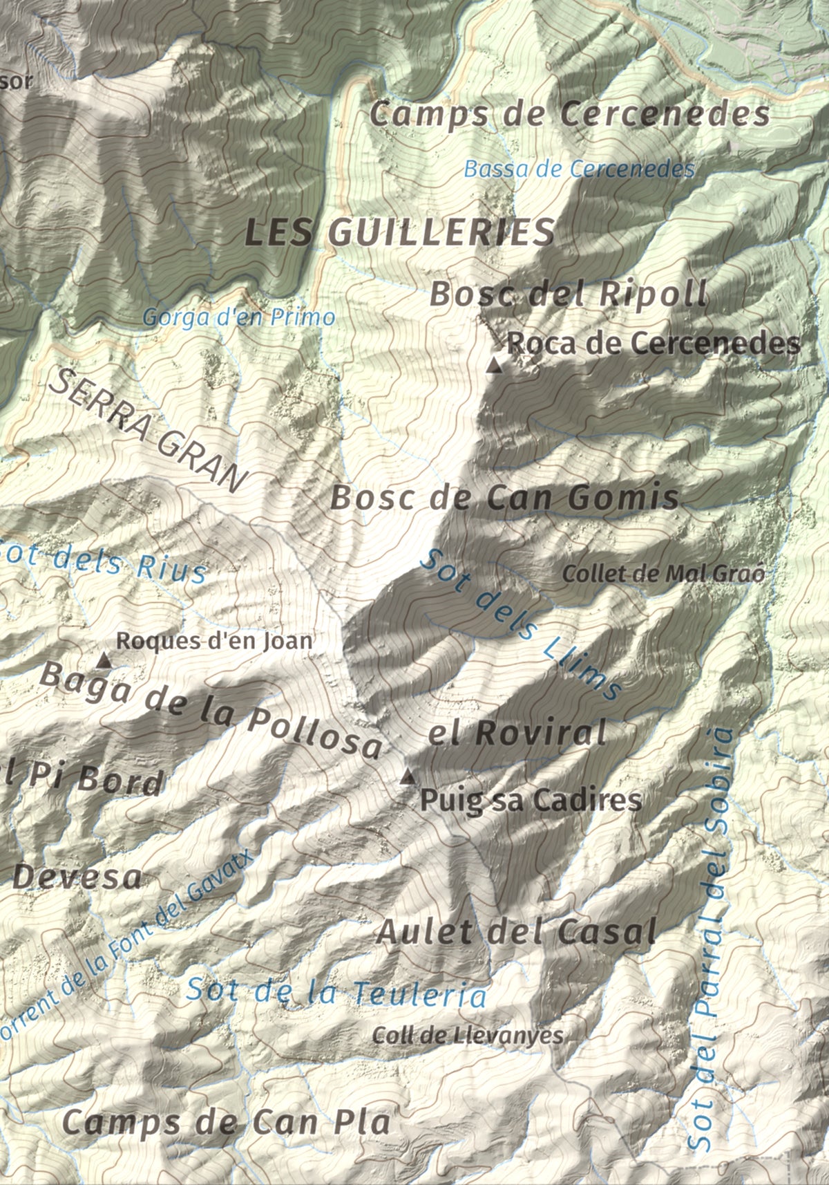 Mapa de relieve de Sant Benet, 1150 m, Selva, lámina 100 Cims de Trobart. Detalle de la zona inferior derecha. 21 × 30 cm.