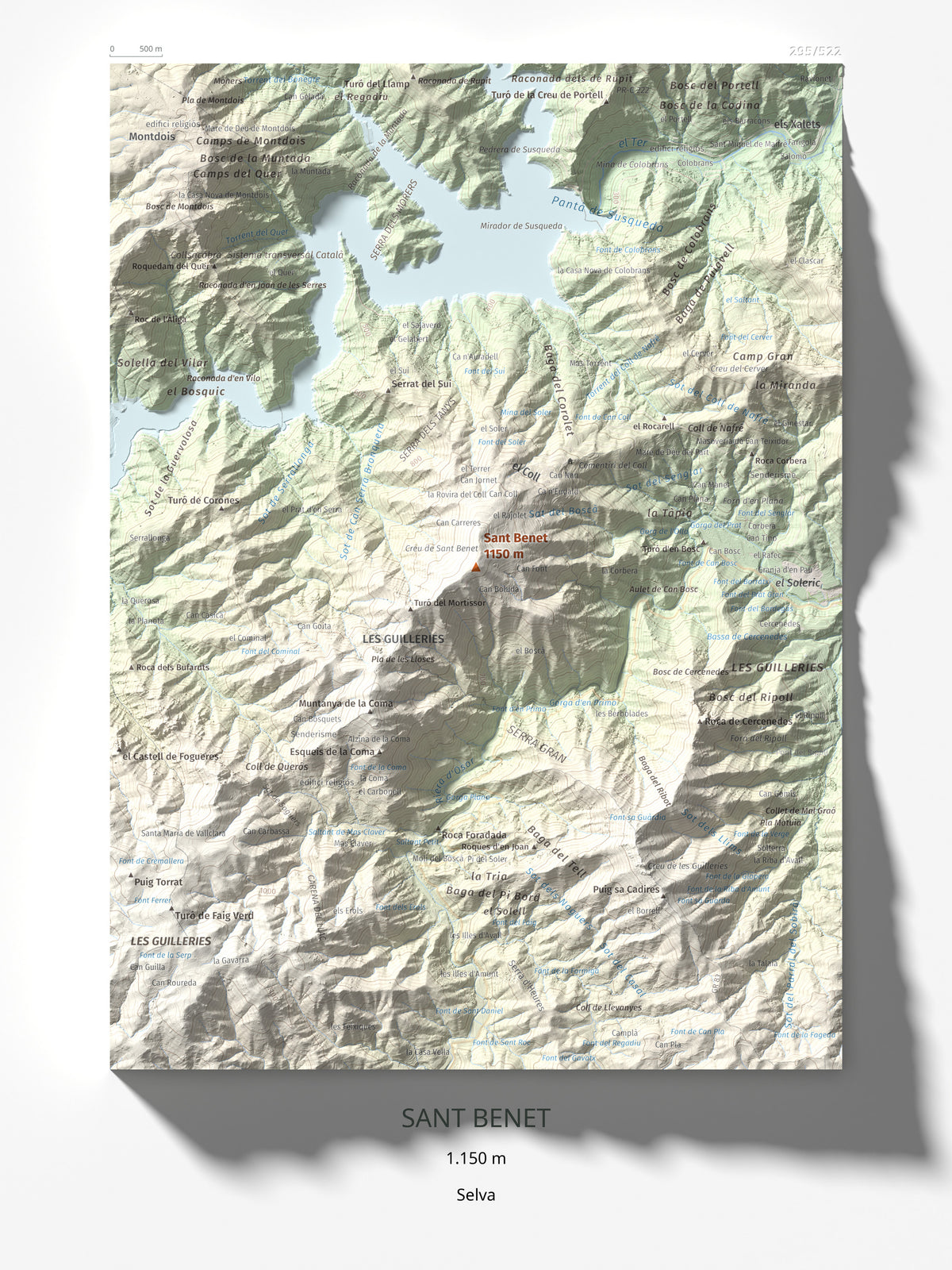 Mapa de relieve de Sant Benet, 1150 m, Selva, lámina 100 Cims de Trobart 30 × 40 cm.
